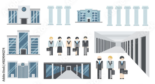 Business icons and modern architecture in flat design style