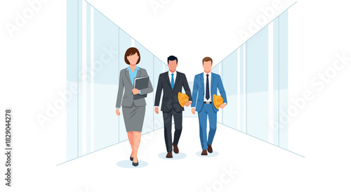 Business team walking in office corridor with construction helmets