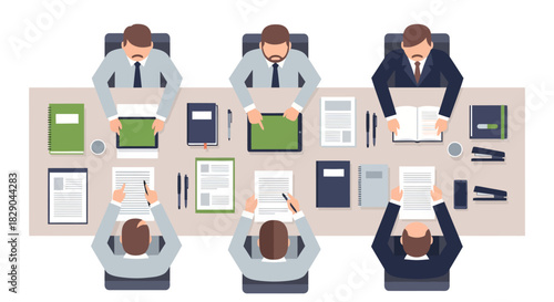 Business meeting in flat style: teamwork and collaboration at conference table