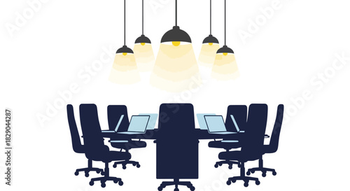 Modern office meeting room with laptops and hanging lights