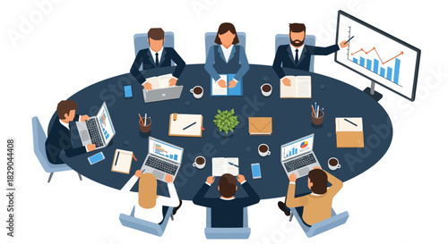 Business team meeting with data presentation in modern office conference room