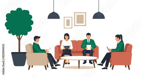 Modern office meeting: flat design collaborative workspace with diverse team