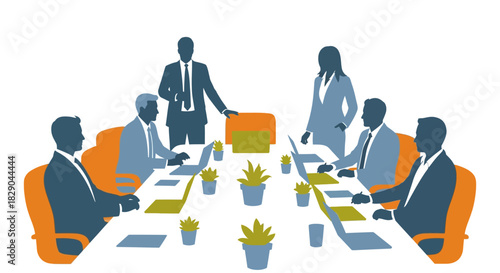 Business meeting in modern silhouette style with professionals in conference room setting