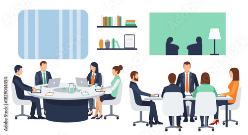 Collaborative office meeting in modern flat design workspace