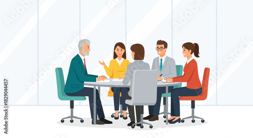 Business meeting discussion with diverse team members in modern office setting