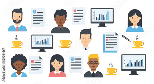 Office team and analytics icons with diverse characters and graphs in flat design