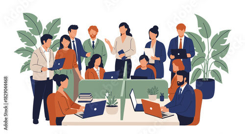 Office team collaboration with laptops in modern workspace setting