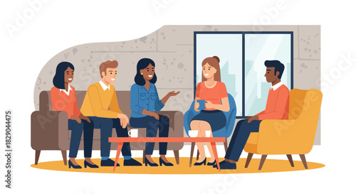Diverse team discussion in modern office lounge with coffee and casual attire