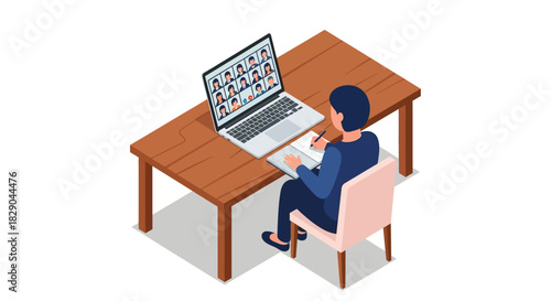 Isometric home office setup with virtual meeting on laptop screen and person taking notes