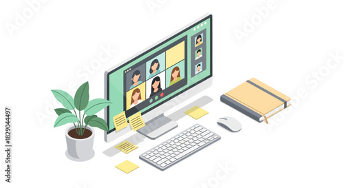 Remote work isometric office with video call on computer screen