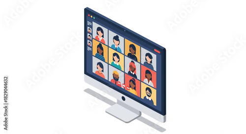 Isometric online meeting on computer screen with diverse participants
