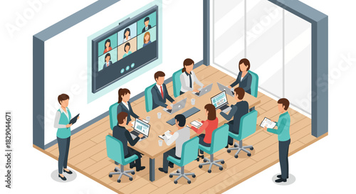 Collaborative remote meeting in modern office with diverse professionals in isometric style