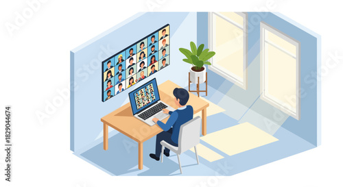 Remote work isometric concept with video conference on laptop in home office setup