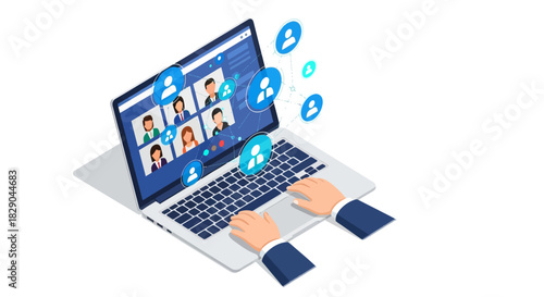 Online meeting isometric concept with remote work and social network connections