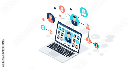 Remote team networking on laptop with connected colleagues in isometric design