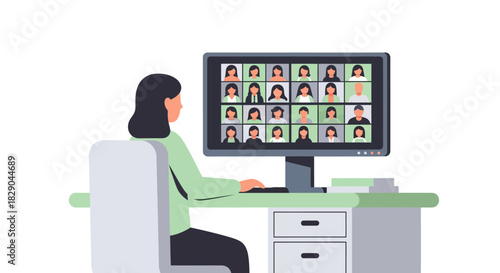 Virtual meeting concept: woman at desk with online video conference displayed on computer monitor