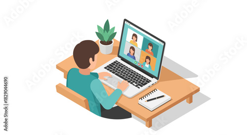 Isometric home office video call with laptop and desk setup