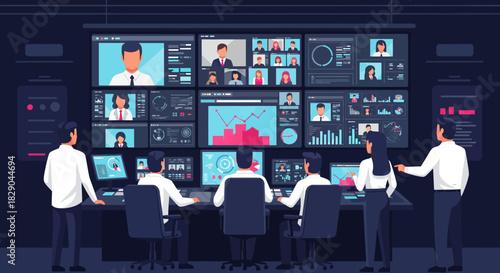Business team analyzing data on multiple screens in a modern control room