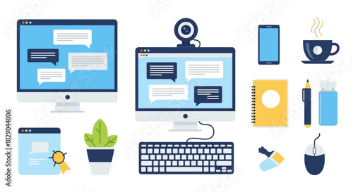 Modern office communication tools concept with computers and accessories