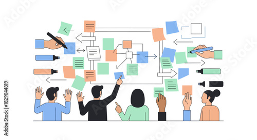 Collaborative brainstorming meeting with diverse team and colorful sticky notes