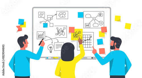 Creative strategy session with team analyzing diagrams on whiteboard with sticky notes