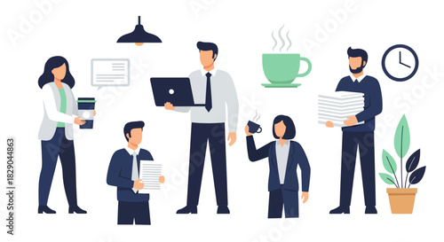 Modern office teamwork: flat design characters in a professional workplace setting