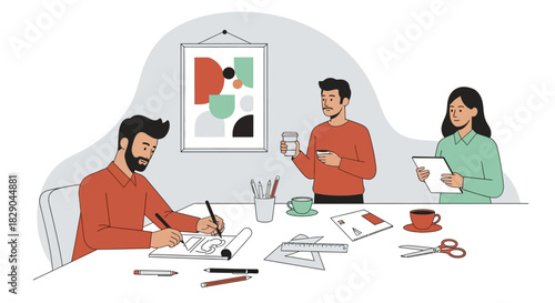 Creative teamwork in modern office setting with artistic decor