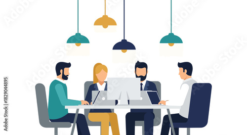 Office collaboration concept with team working around desk in modern workspace