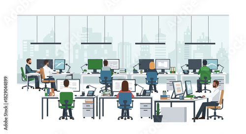 Modern office workspace with diverse professionals and technology in flat design