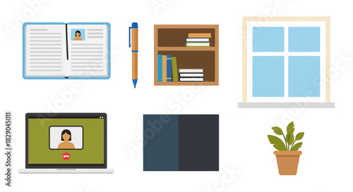 Flat home office essentials: books, laptop, indoor plant, pen, window design