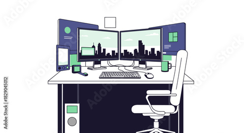 Modern workspace setup with multiple screens and office chair in minimalist design