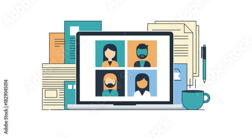 Online team meeting concept with diverse avatars on laptop screen and office documents