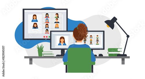 Remote team meeting concept with woman using video call for collaboration in office