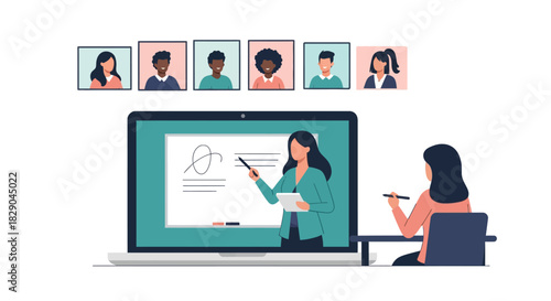 Online team meeting concept with diverse colleagues and digital presentation in modern flat design