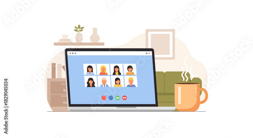 Remote team video conference call in minimalist home office setting