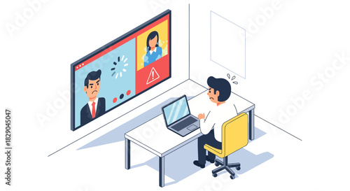 Frustrated office worker faces conference call glitch on laptop in isometric workspace