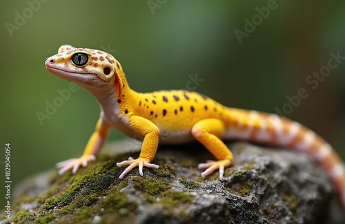 Yellow leopard gecko reptile with black spots sits on mossy rock. Lizard has patterned skin and large eyes looking around. Animal is a popular pet for its docile nature and unique appearance.