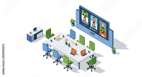 Modern office conference room with video call and collaboration setup in isometric design