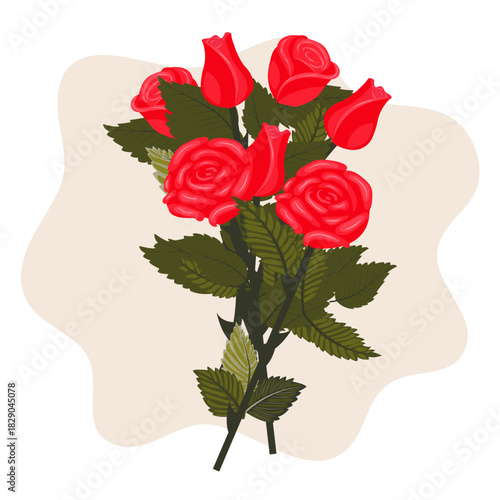A bouquet of bright red roses on a light beige background. A set of four open flowers and three buds. Vector illustration on a white background.