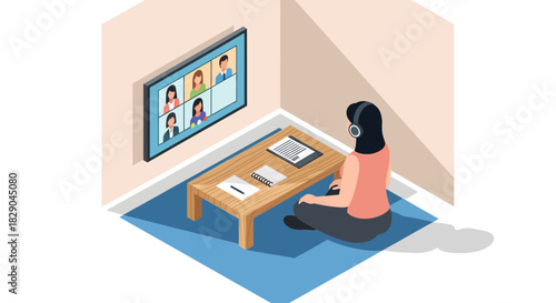 Virtual meeting from home with headphones and laptop in an isometric style