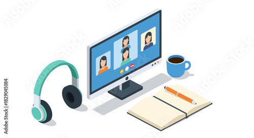 Virtual meeting setup with laptop, headphones, and notebook in isometric style