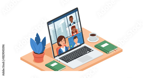 Remote meeting on laptop screen with participants in modern workspace with coffee and plant