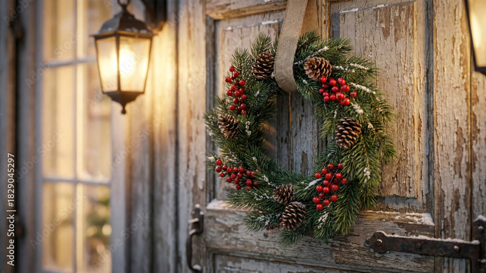 Fototapeta premium Rustic Christmas Wreath with Pine Cones and Red Berries Hanging on Old Weathered Wooden Door
