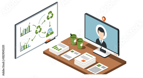 Virtual meeting in eco-friendly office with recycling strategy