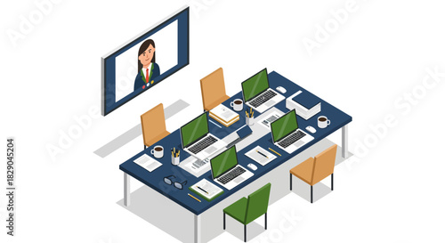 Modern office meeting room with video conference setup in isometric style