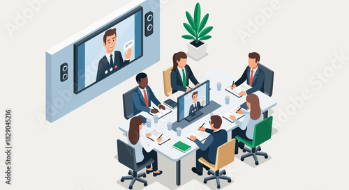 Isometric office meeting with video conference setup and diverse team