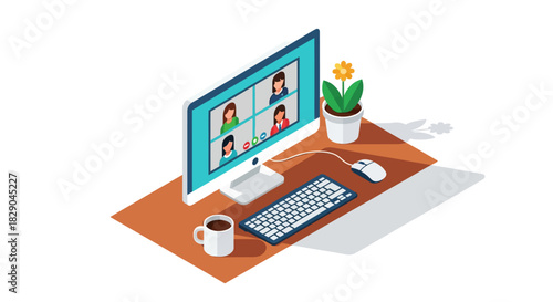 Remote work setup with online meeting on desktop computer and office decor