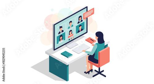 Isometric remote work meeting scene with businesswoman at desk engaging in virtual conference