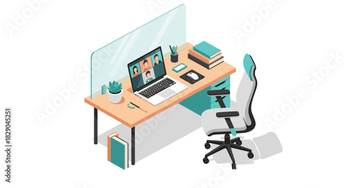 Isometric home office setup with laptop for virtual meeting