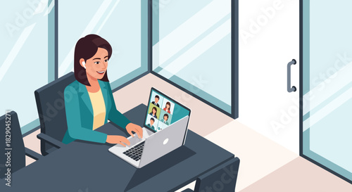 Professional woman in online meeting at modern office space